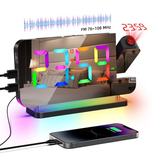 2025 New RGB Digital LED Mirror Alarm Clock with Night Light Projector Projection Radio for Home Office Bedroom Bedside Decor